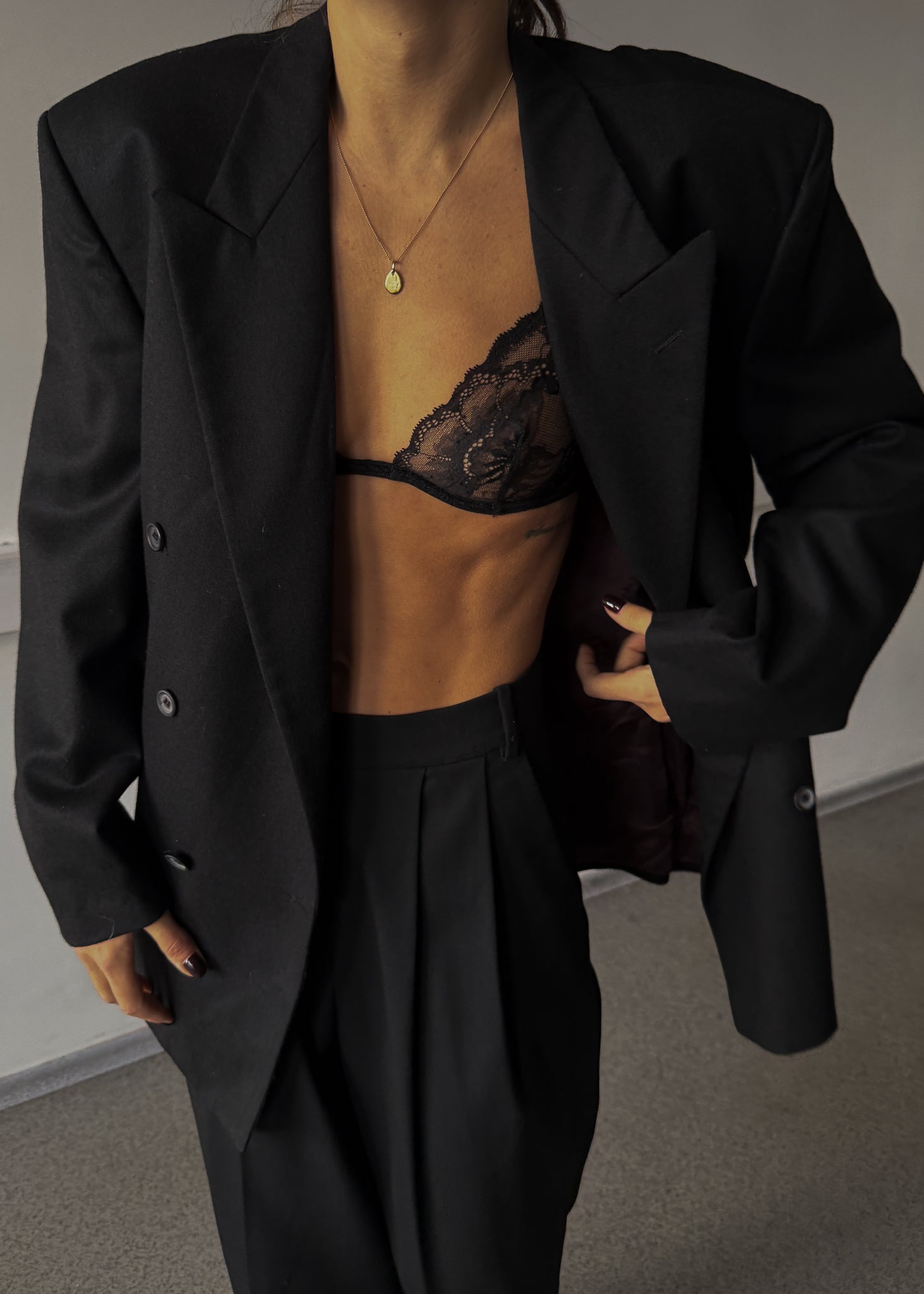 Vintage Black Brushed Wool Oversized Double Breasted Festive Blazer