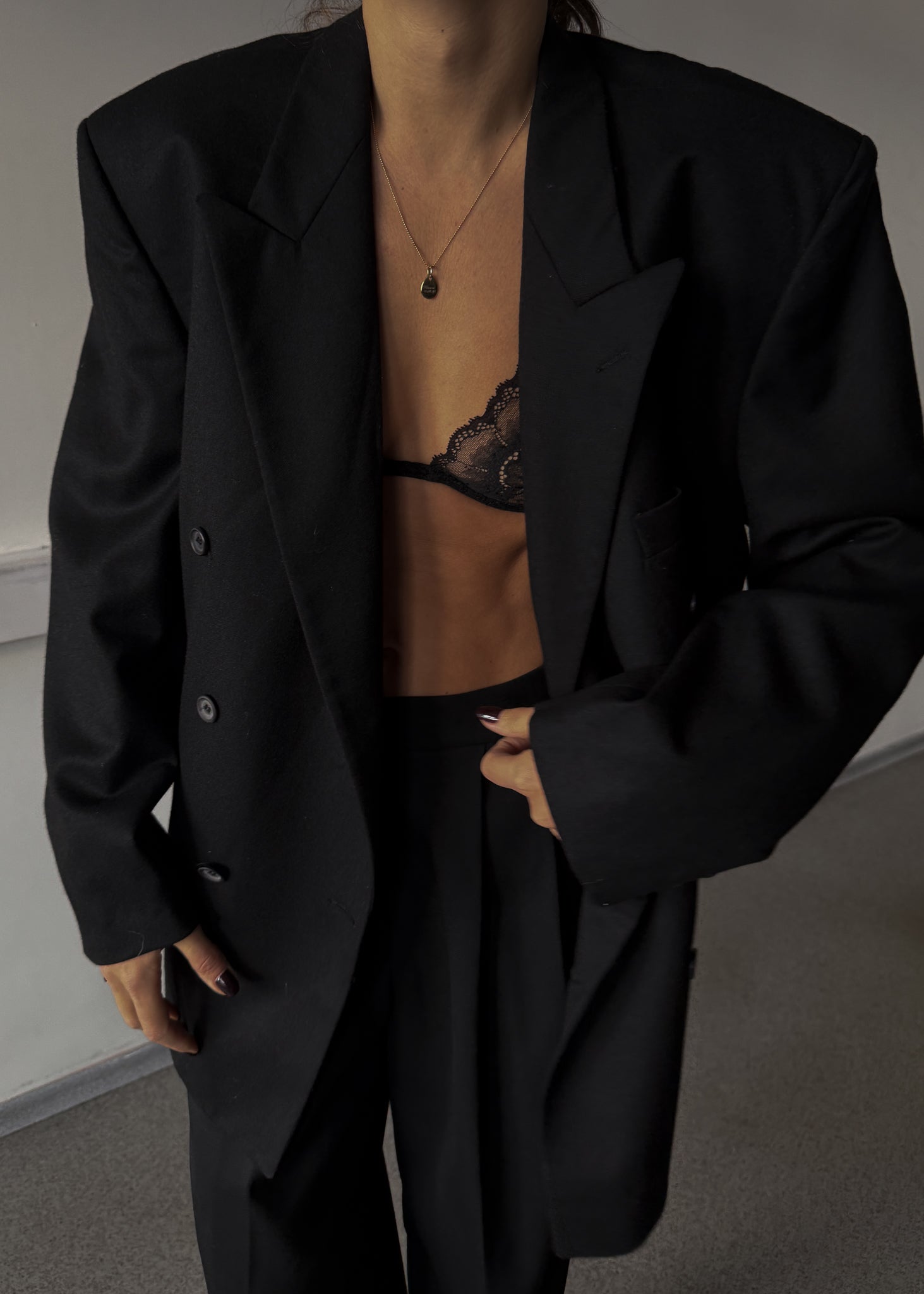 Vintage Black Brushed Wool Oversized Double Breasted Festive Blazer