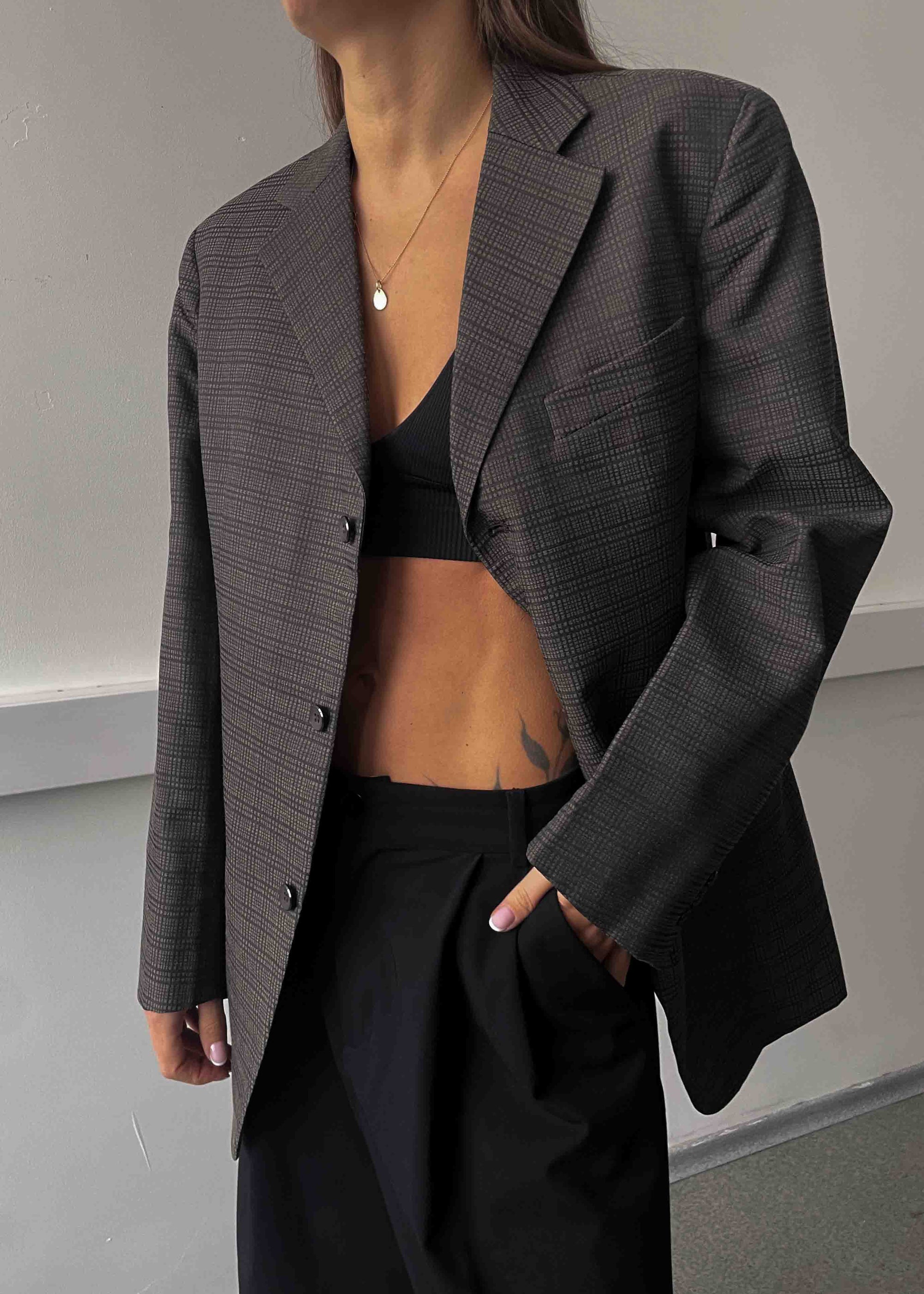 Vintage Brown Checked Pattern Oversized Blazer