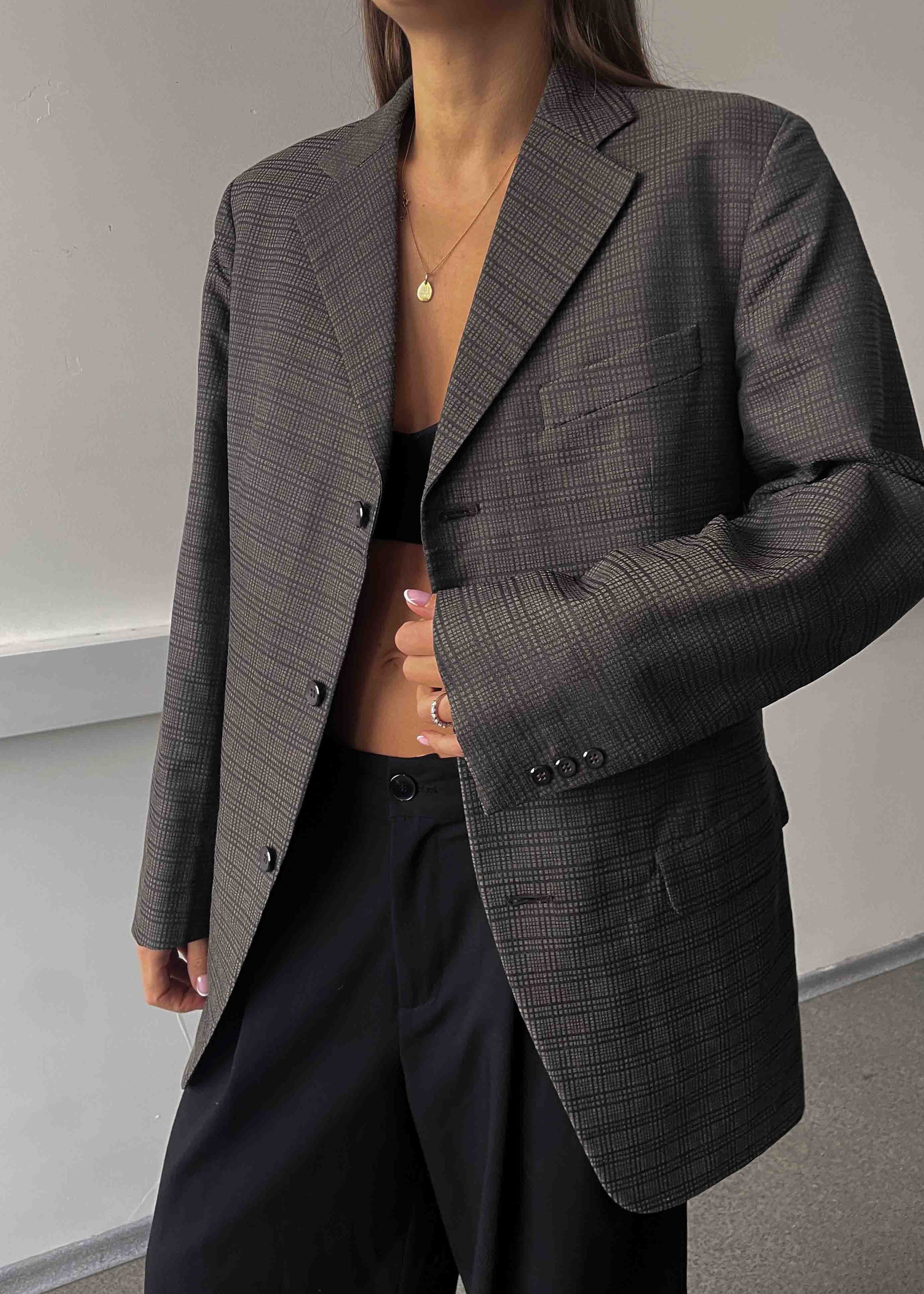 Vintage Brown Checked Pattern Oversized Blazer