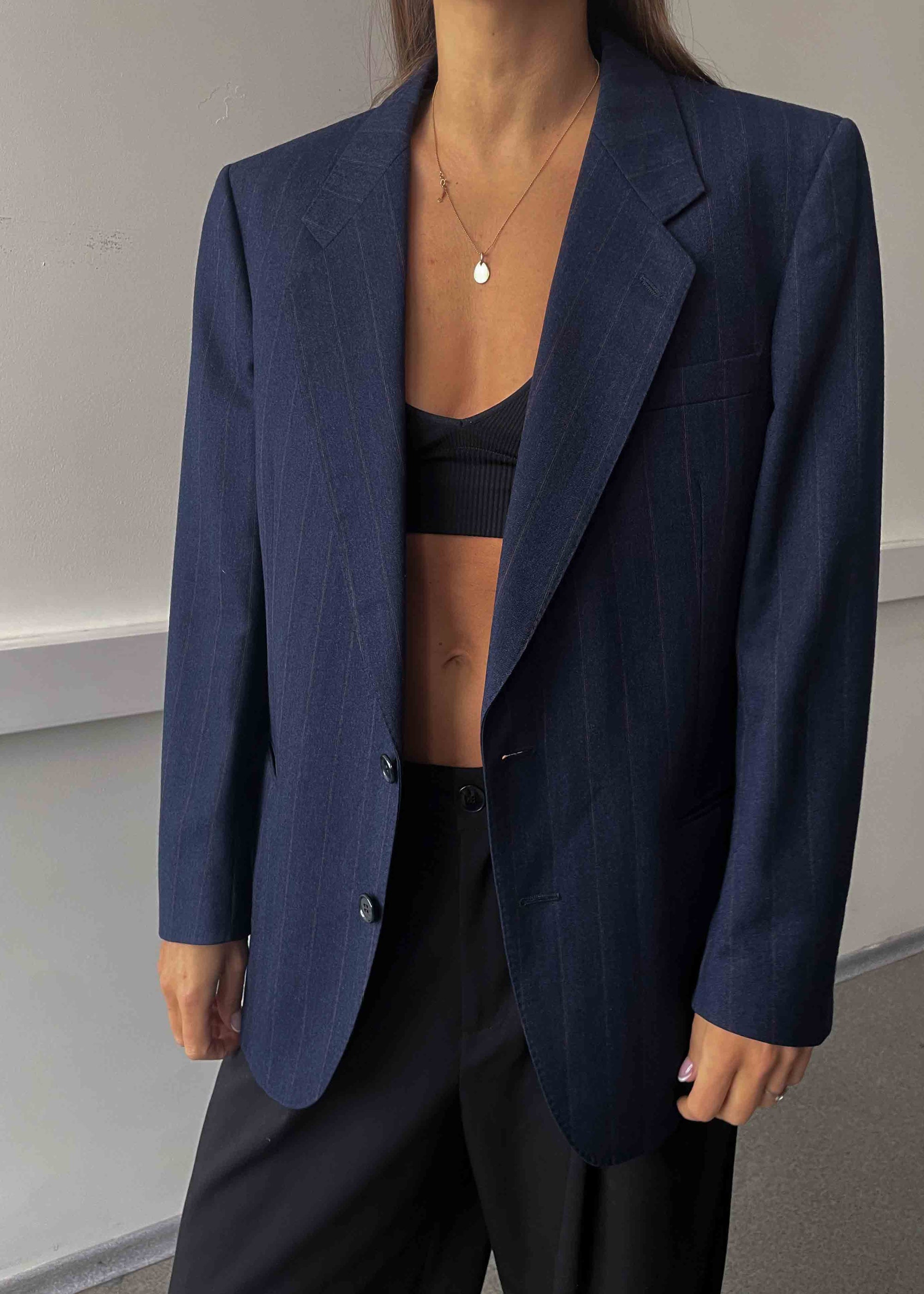 Vintage Blue Striped Oversized 100% WOOL Blazer