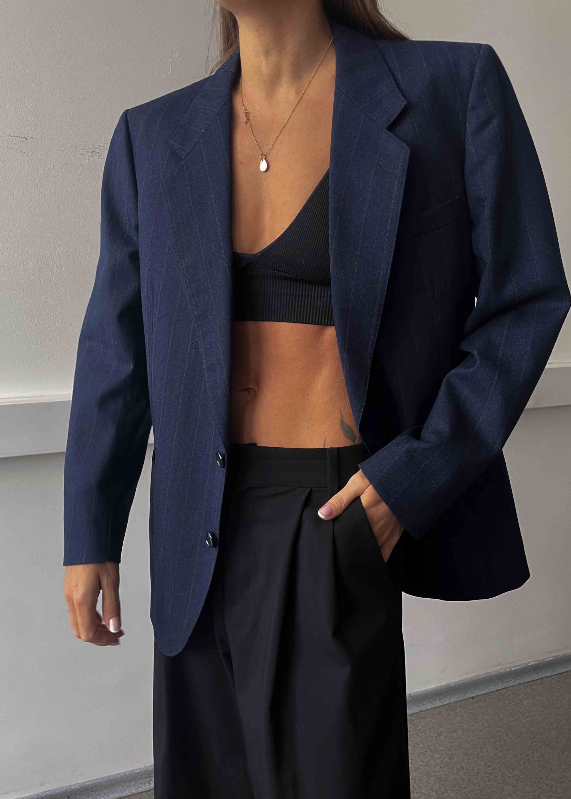 Vintage Blue Striped Oversized 100% WOOL Blazer