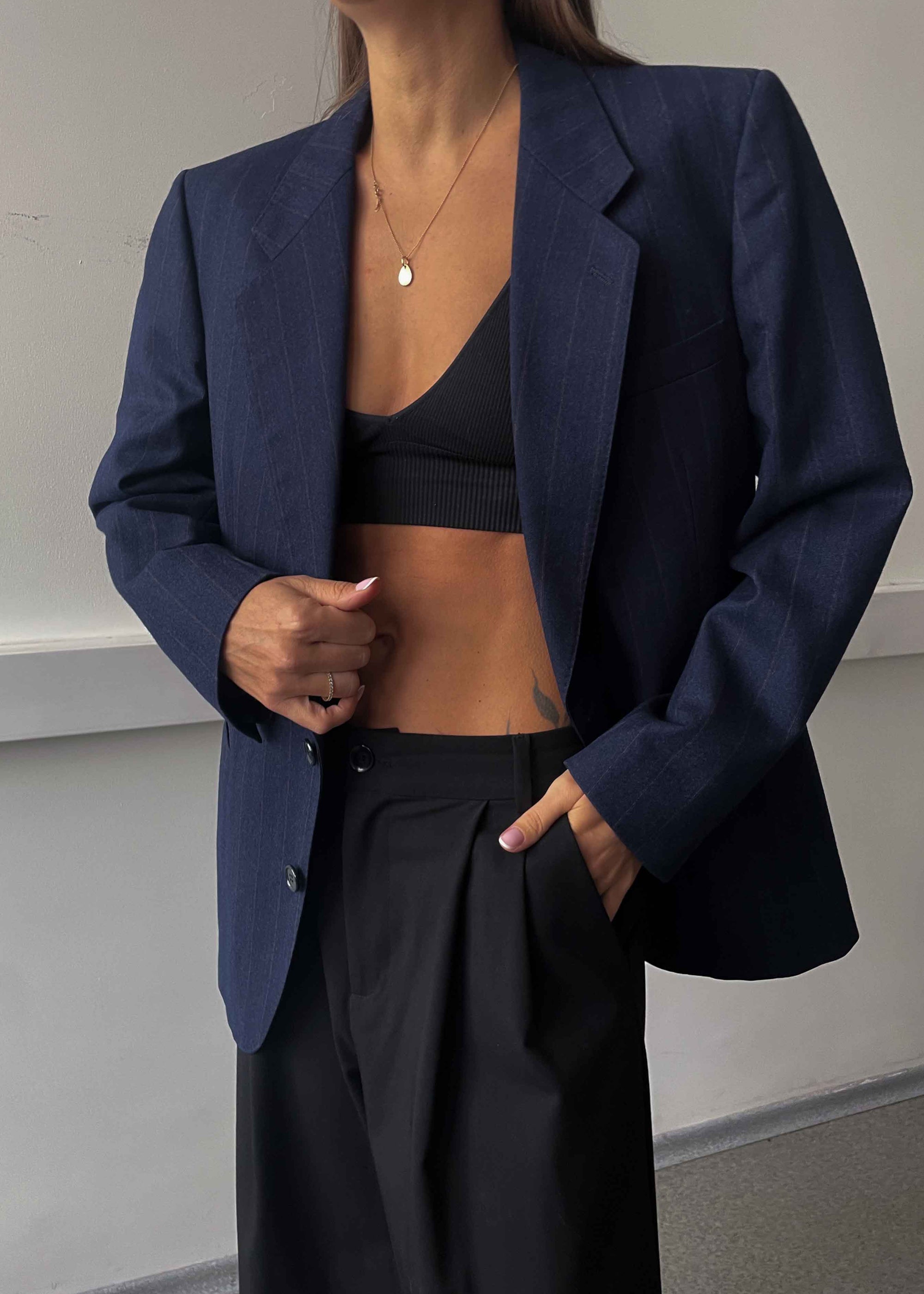 Vintage Blue Striped Oversized 100% WOOL Blazer