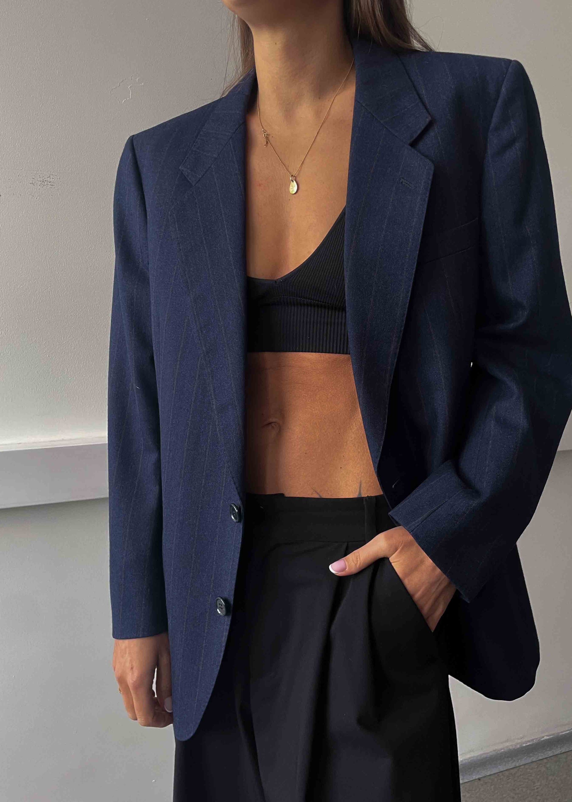 Vintage Blue Striped Oversized 100% WOOL Blazer