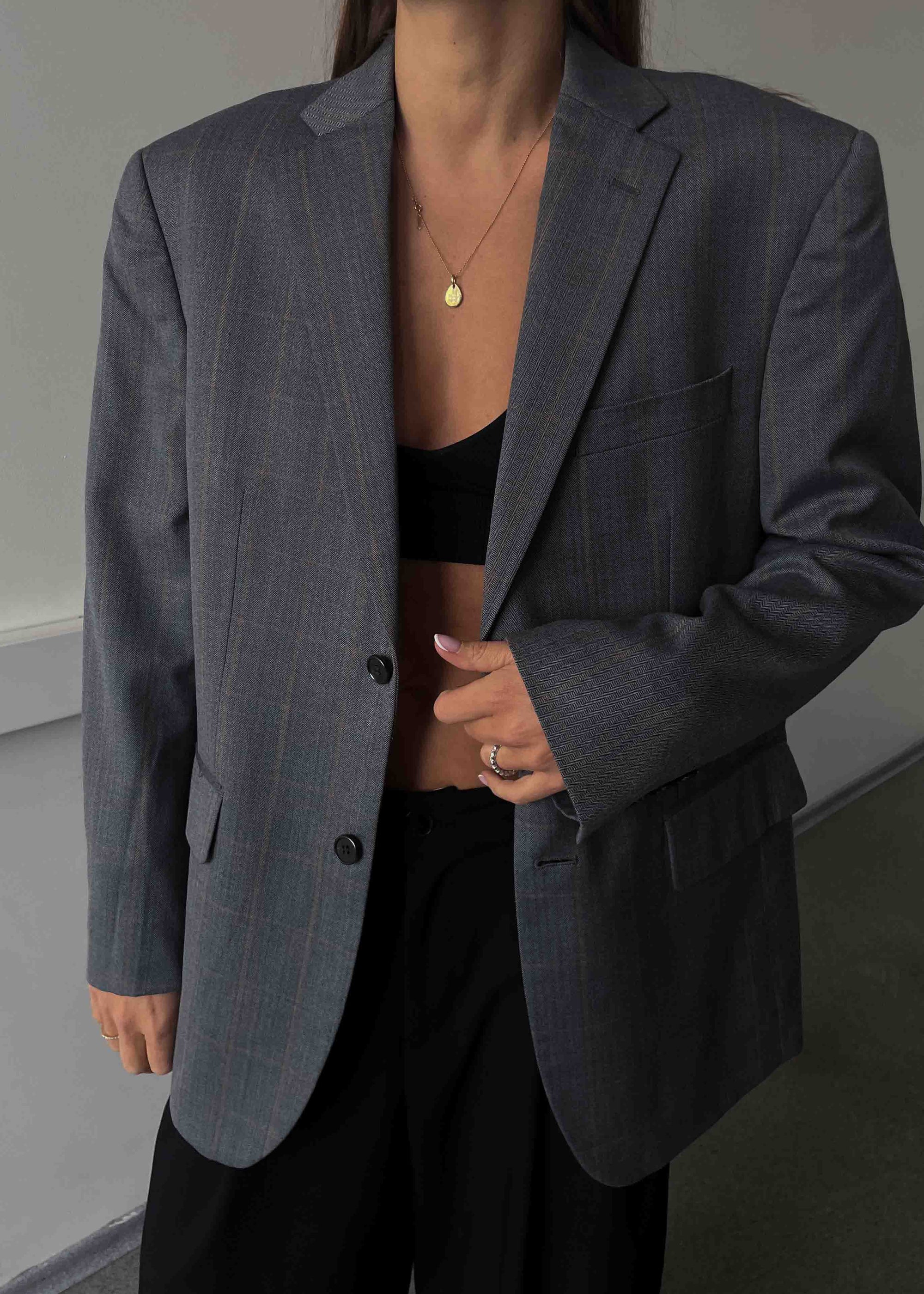 Vintage Grey Patterned Oversized Blazer