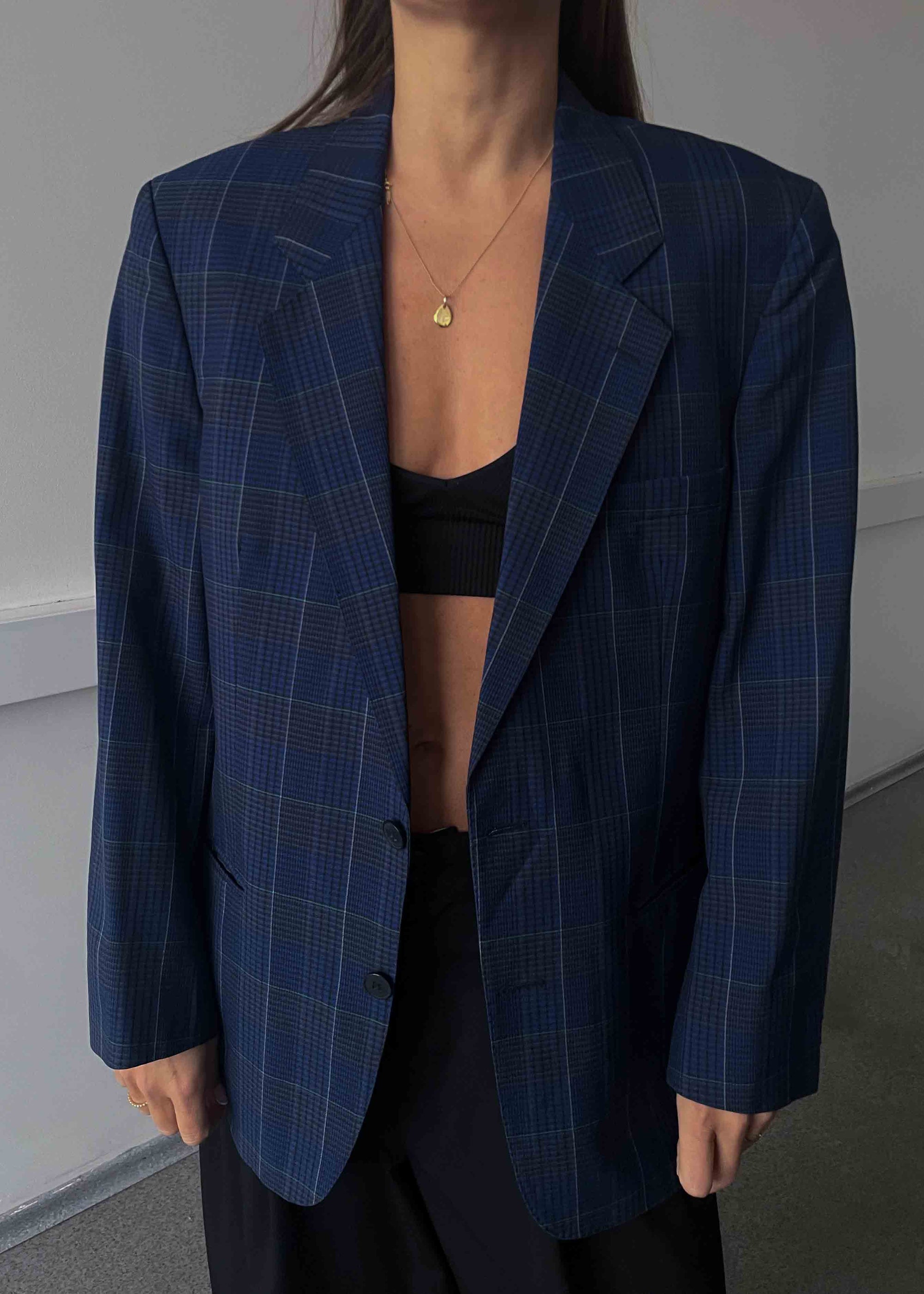 Vintage Blue Checked Oversized 100% WOOL Blazer