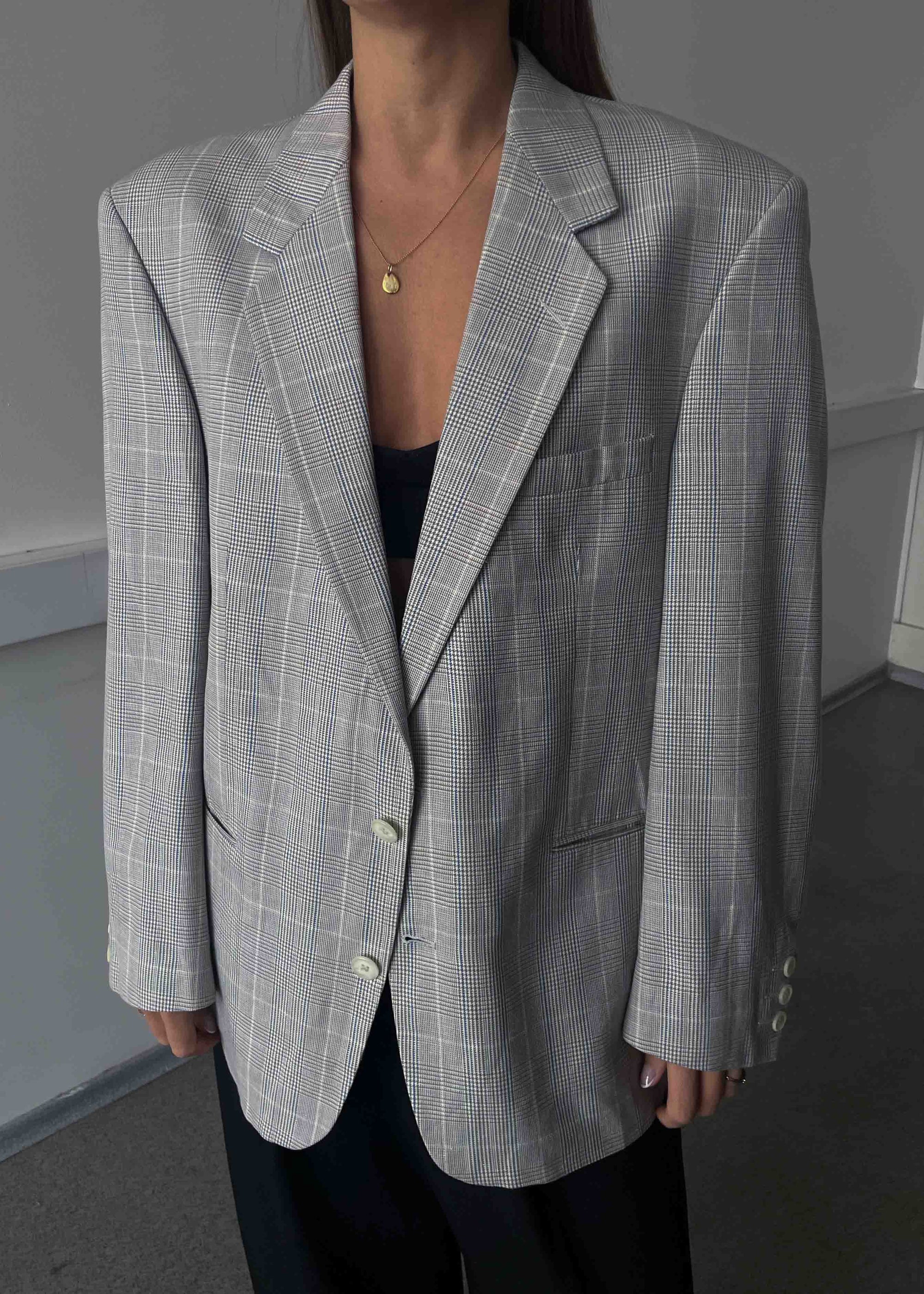 Vintage Light Grey Checked Oversized Blazer