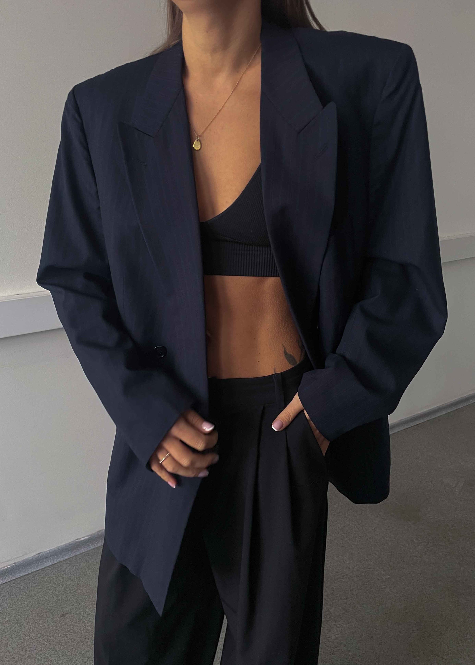 Vintage Navy Blue Striped Oversized 100% WOOL Double Breasted Blazer