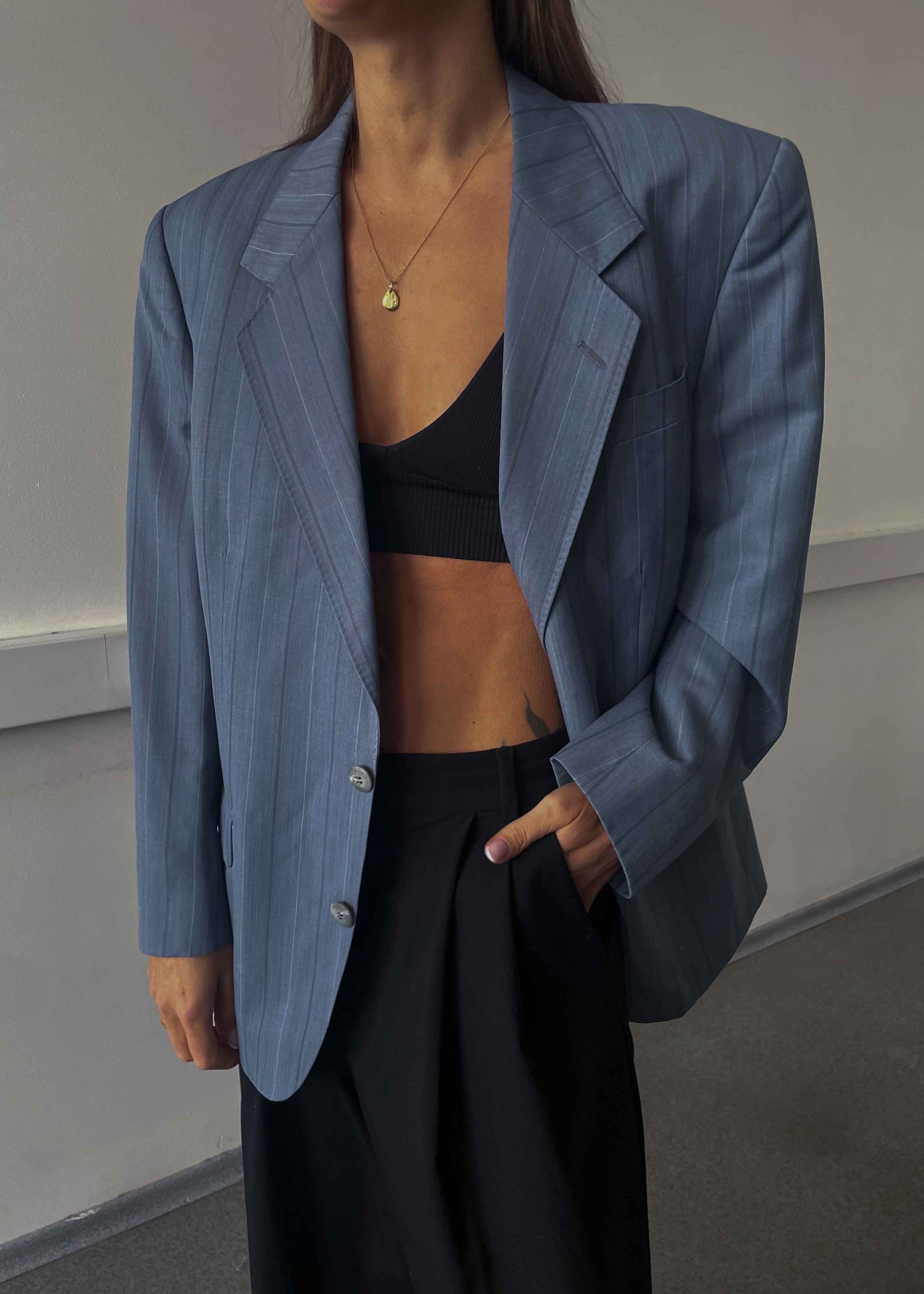 Vintage Light Blue Striped Oversized Blazer