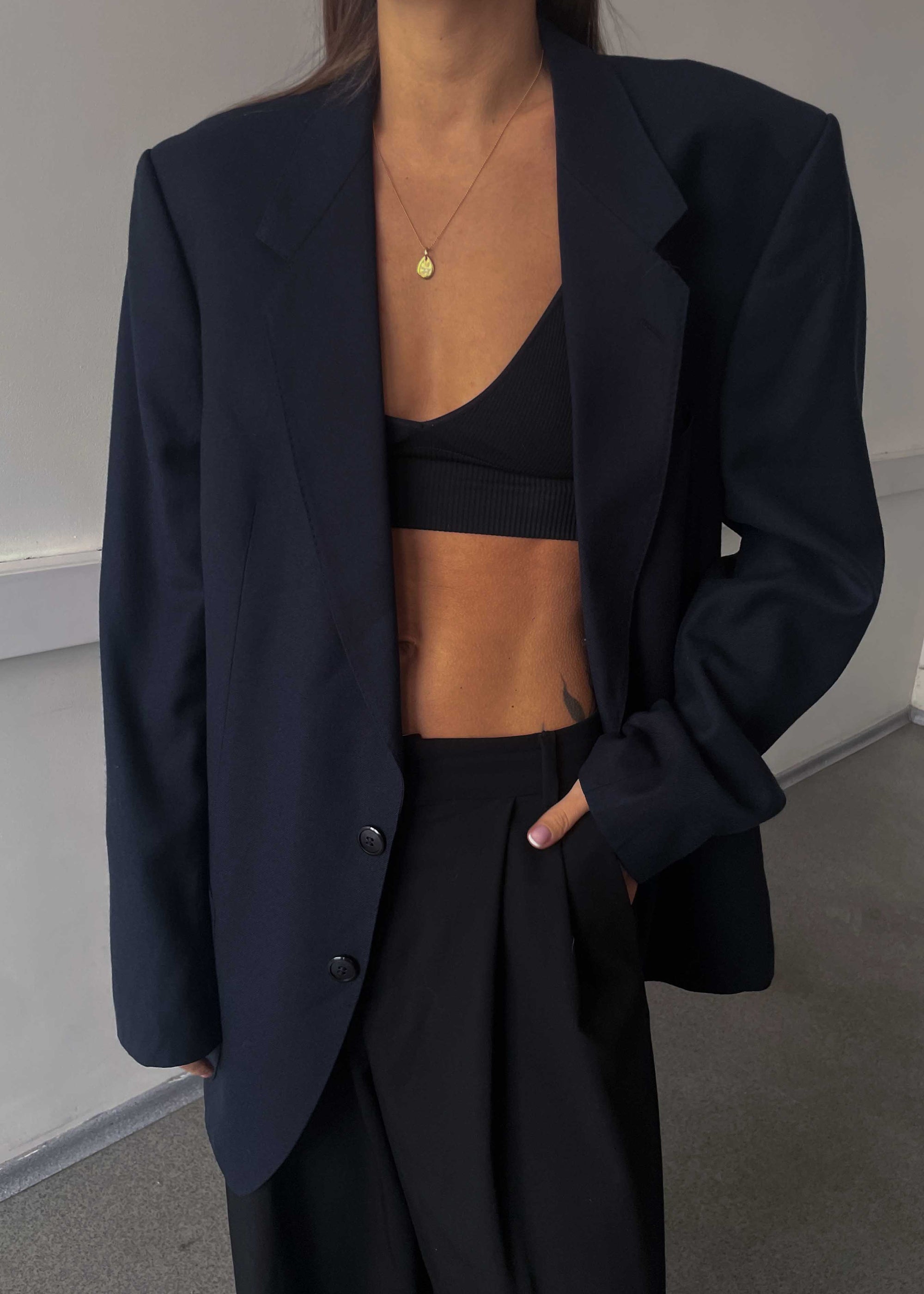 Vintage Navy Blue Brushed Wool Oversized Blazer