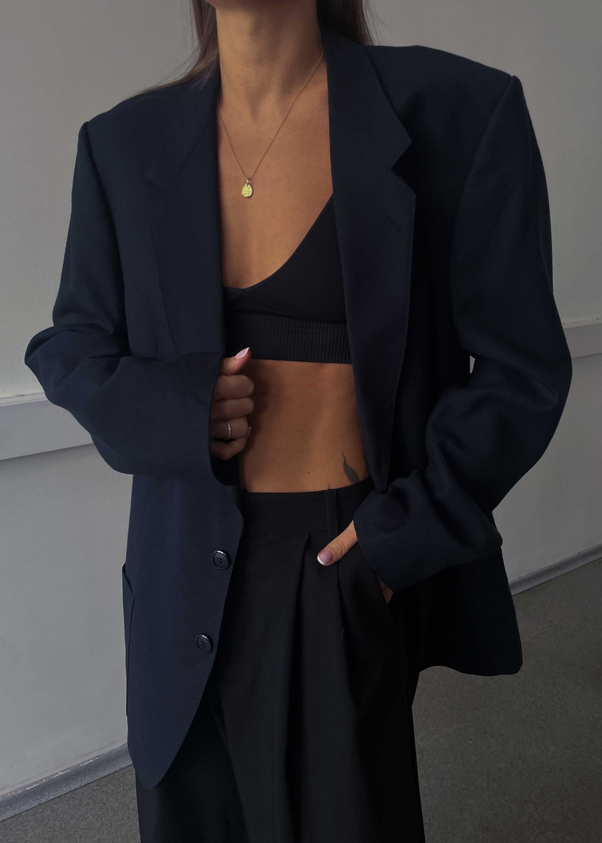 Vintage Navy Blue Brushed Wool Oversized Blazer