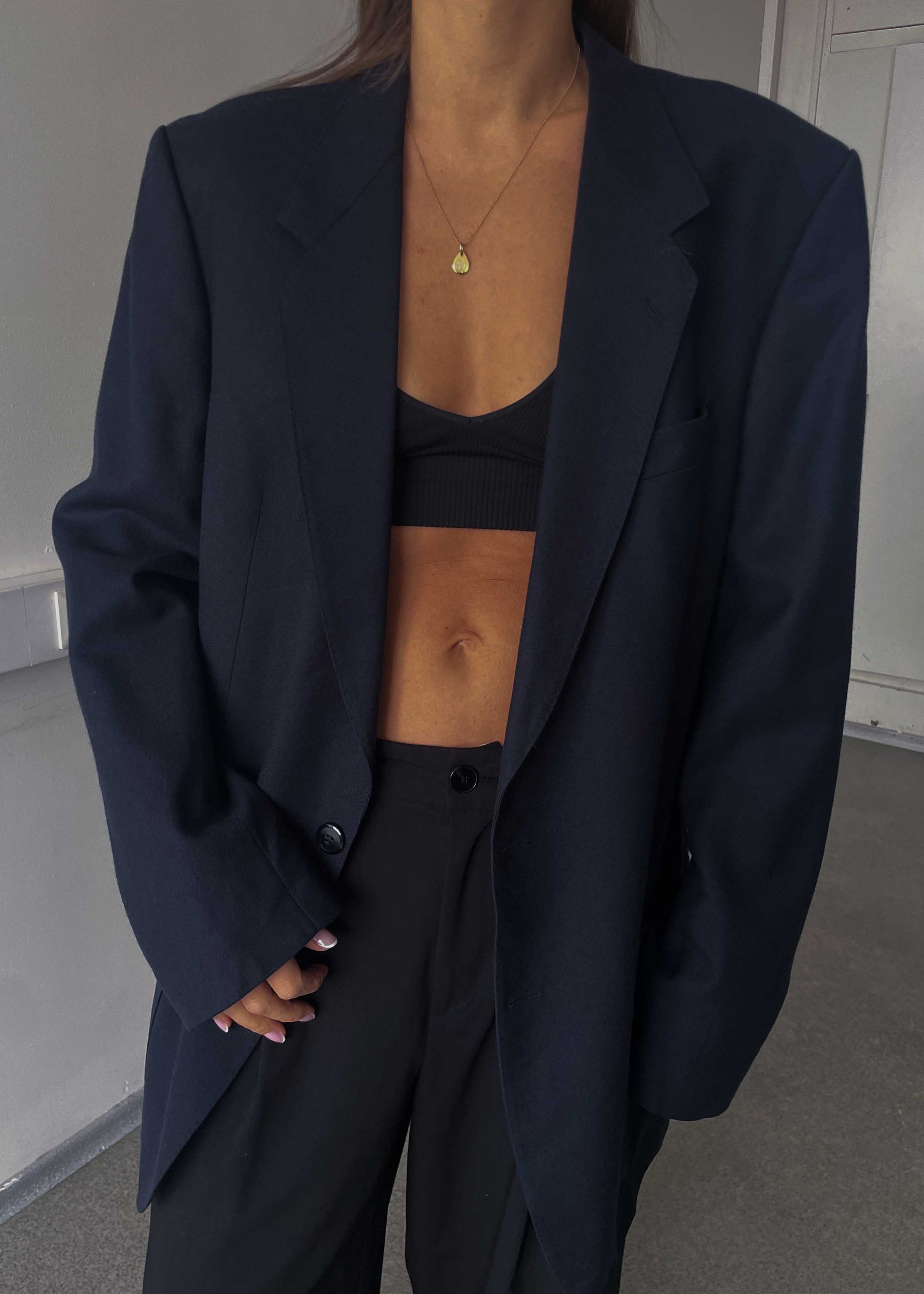 Vintage Navy Blue Brushed Wool Oversized Blazer