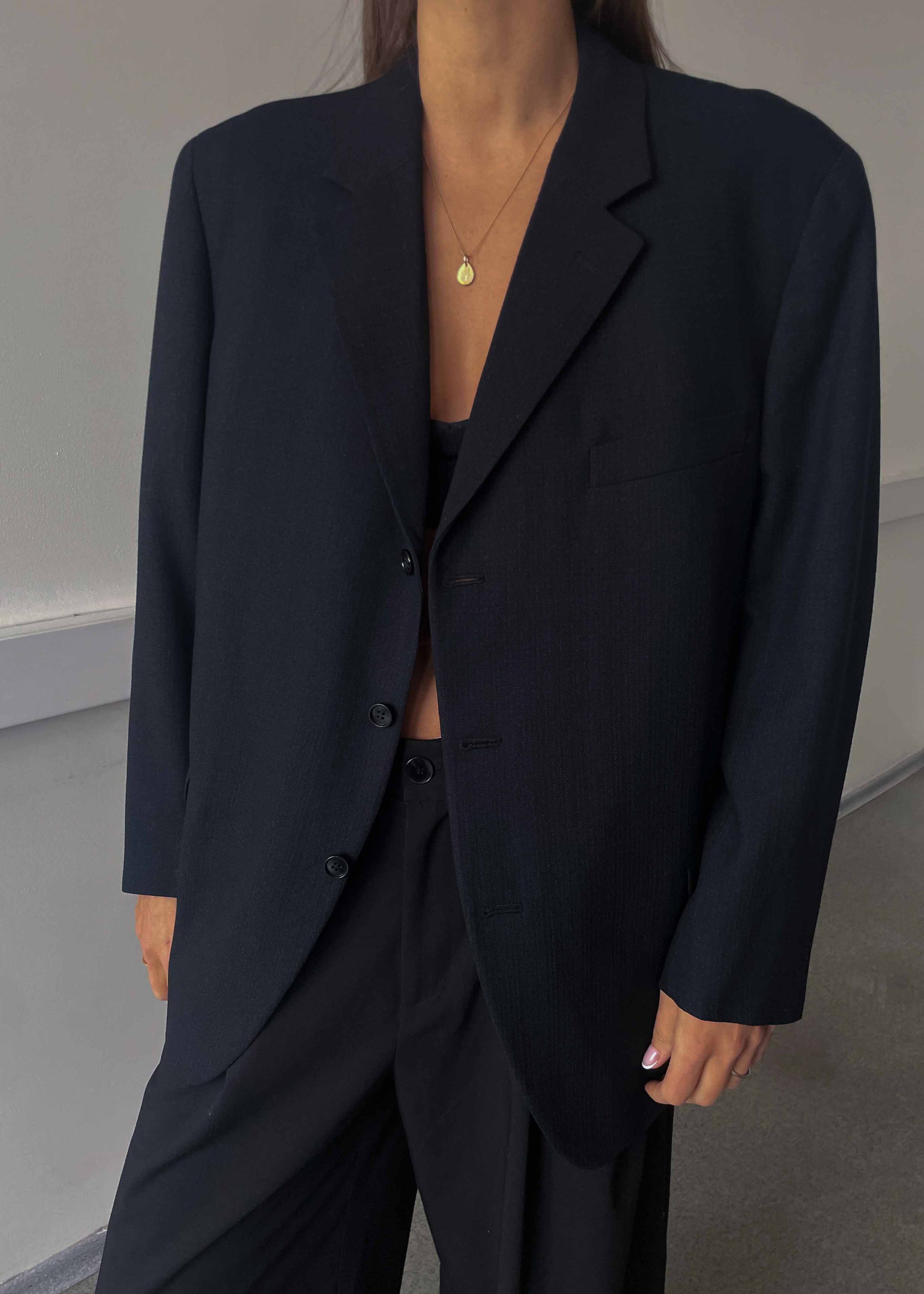 Vintage Dark Blue Patterned 100% Wool Oversized Blazer