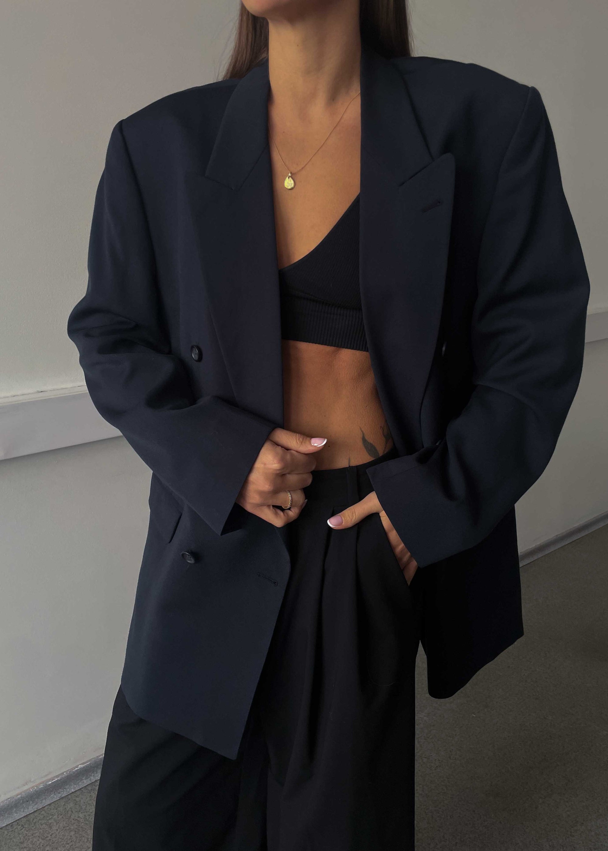 Vintage Navy Blue Oversized Double Breasted Blazer