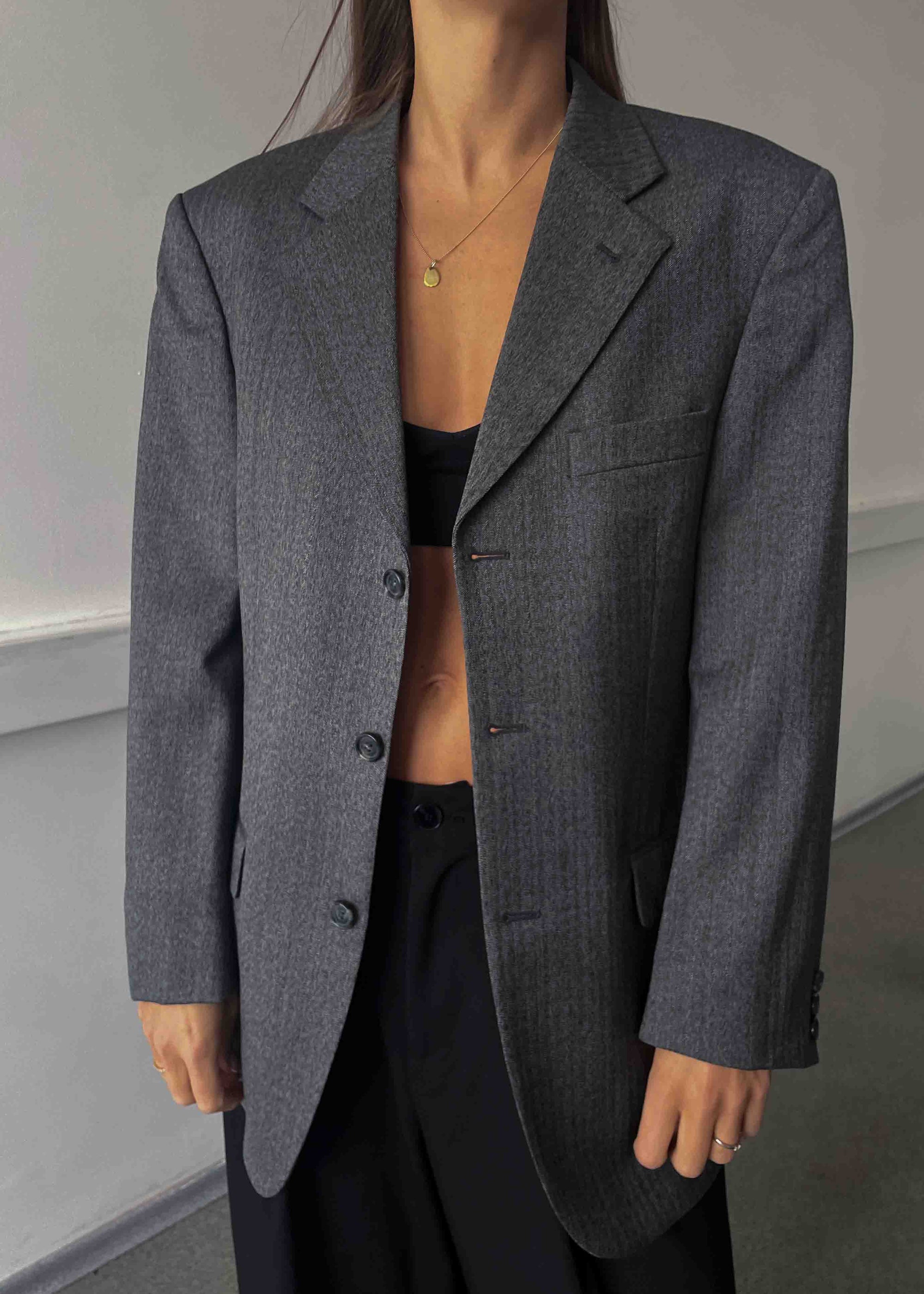 Vintage Grey Patterned Oversized 100% WOOL Blazer