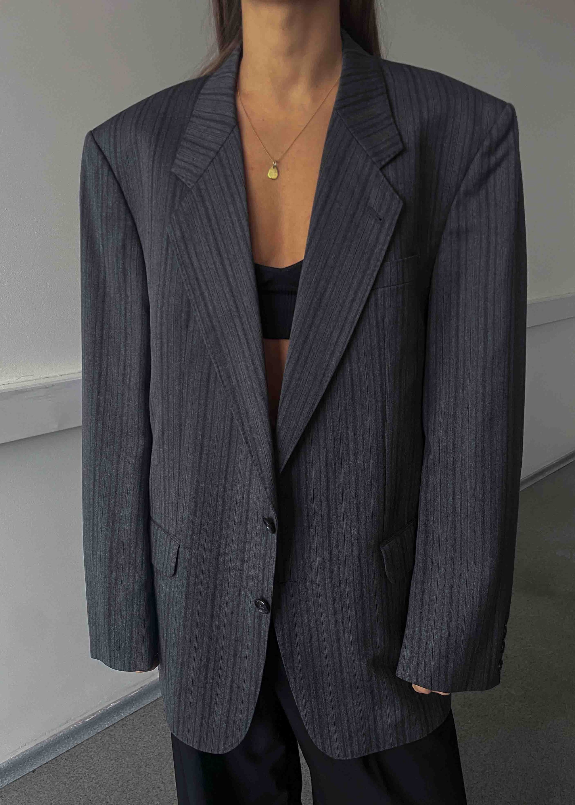 Vintage Grey Striped Oversized 100% WOOL Blazer