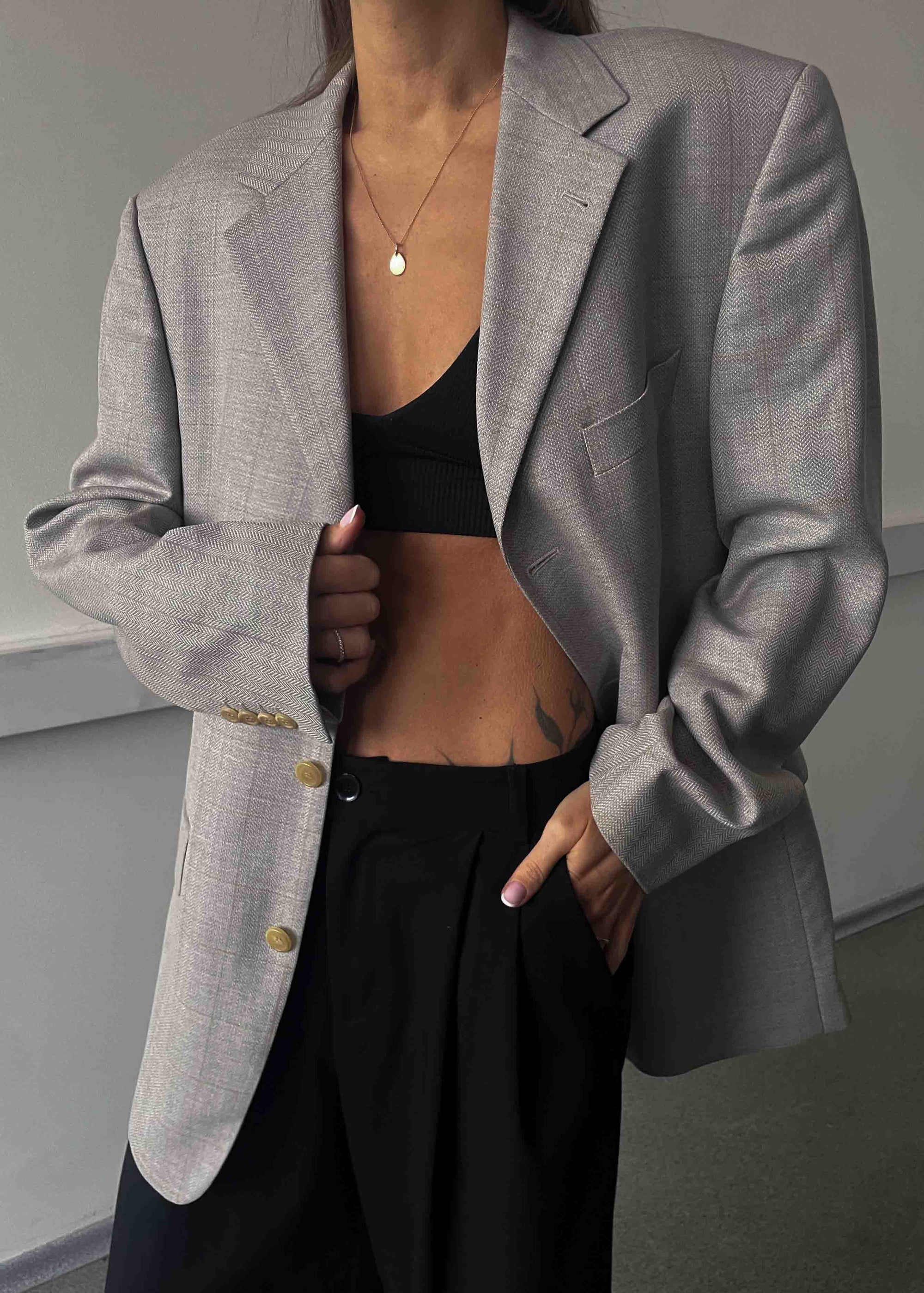 Vintage Light Grey Patterned Oversized 100% WOOL Blazer