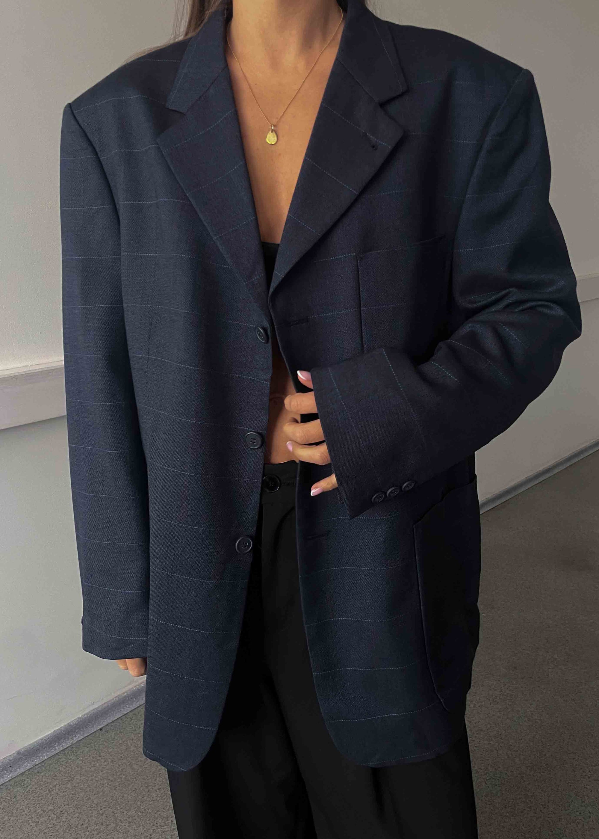 Vintage Dark Blue Checked Oversized Blazer